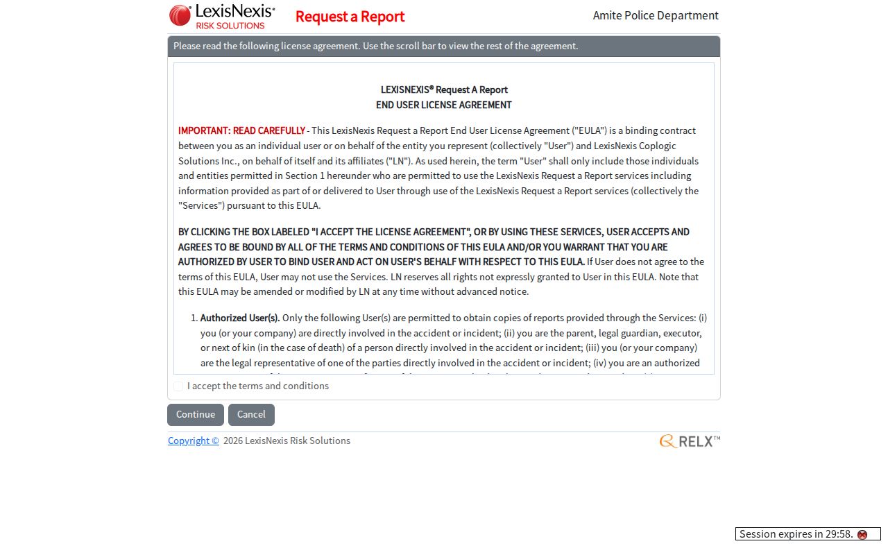 Amite City Coplogic request interface for reports and photographs