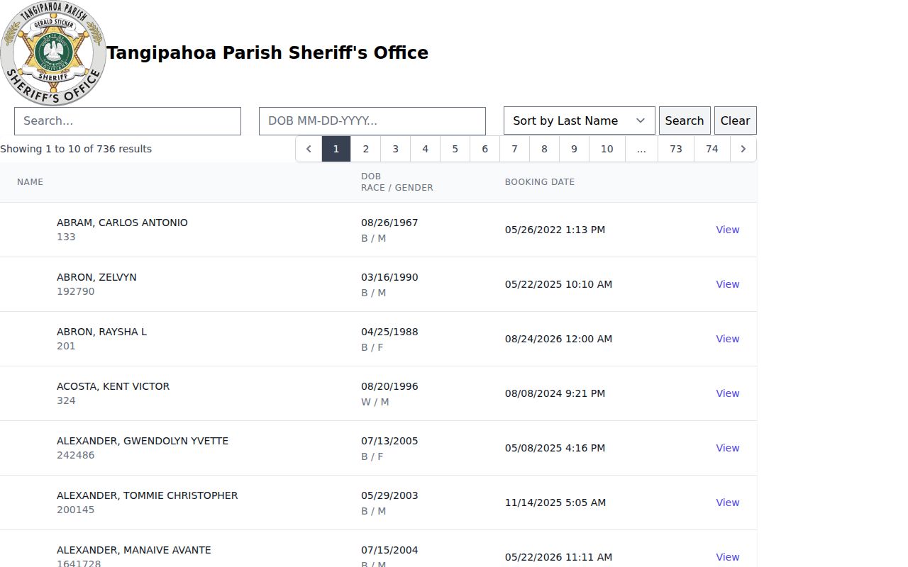Tangipahoa Parish Jail roster search interface and public result fields