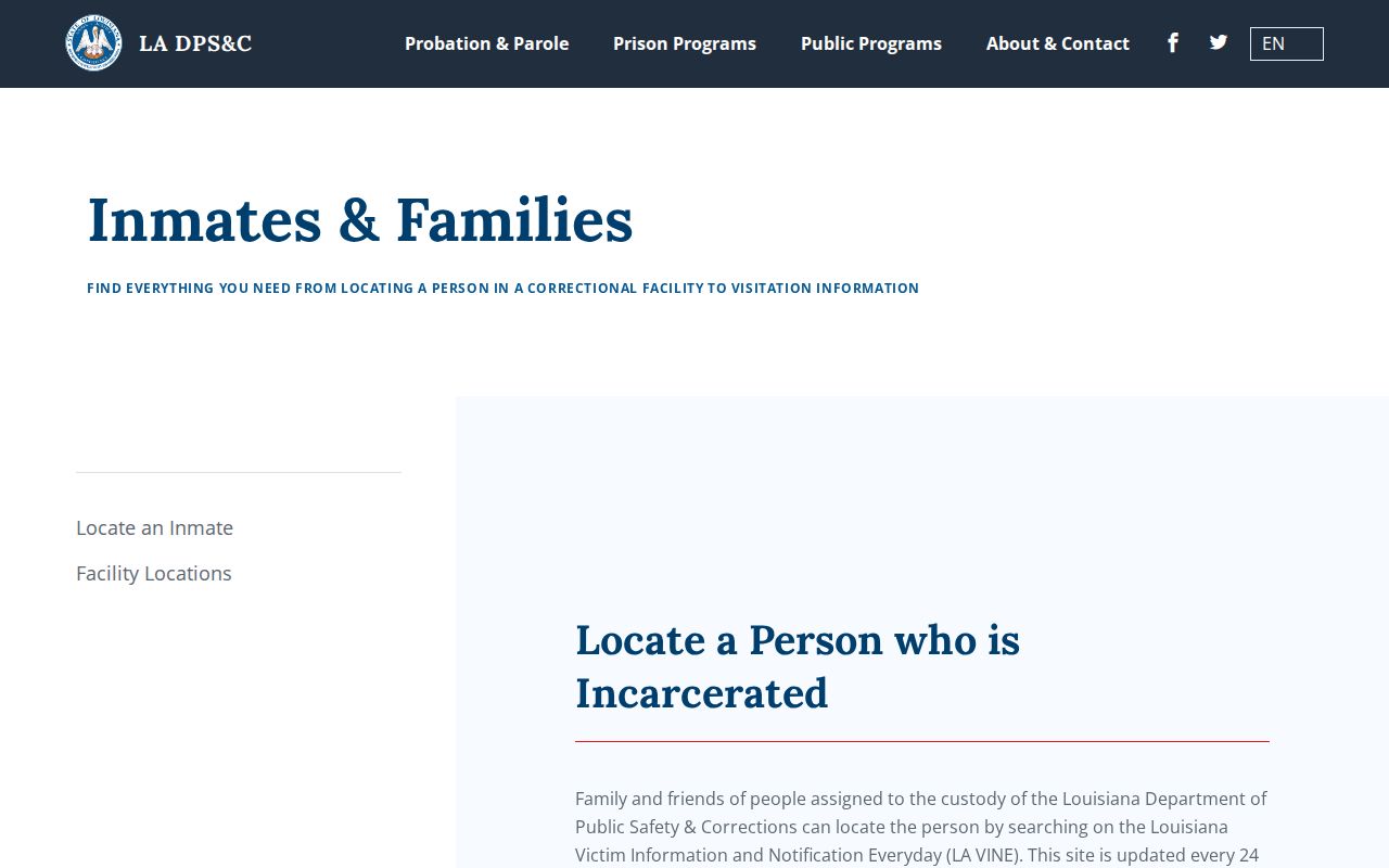 Louisiana DPS and Corrections inmate information page for state custody searches