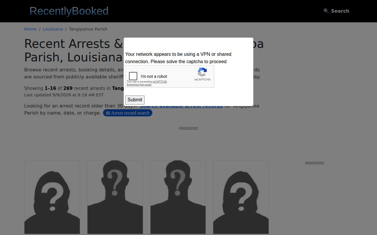 Unofficial RecentlyBooked Tangipahoa Parish multi-day arrest index