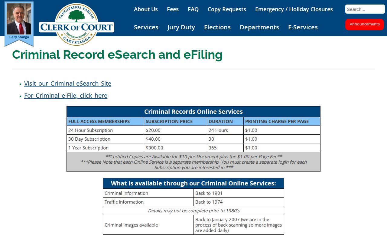 Tangipahoa Parish Clerk criminal eSearch page for court records