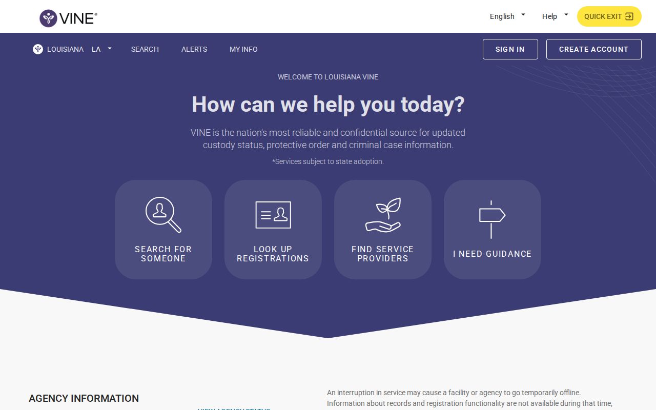VINELink Louisiana person and offender custody search screen