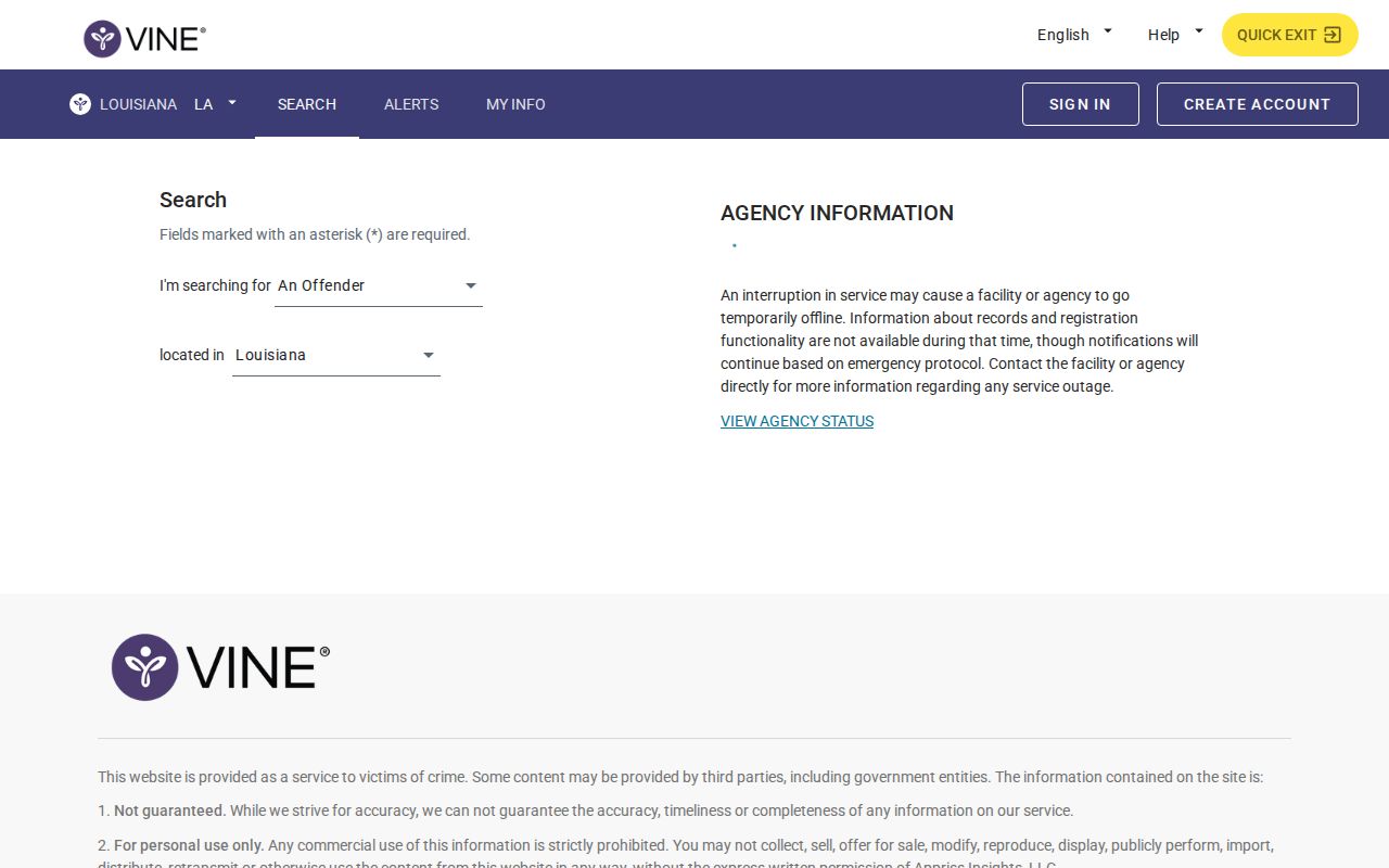 VINELink Louisiana login and custody alert registration screen