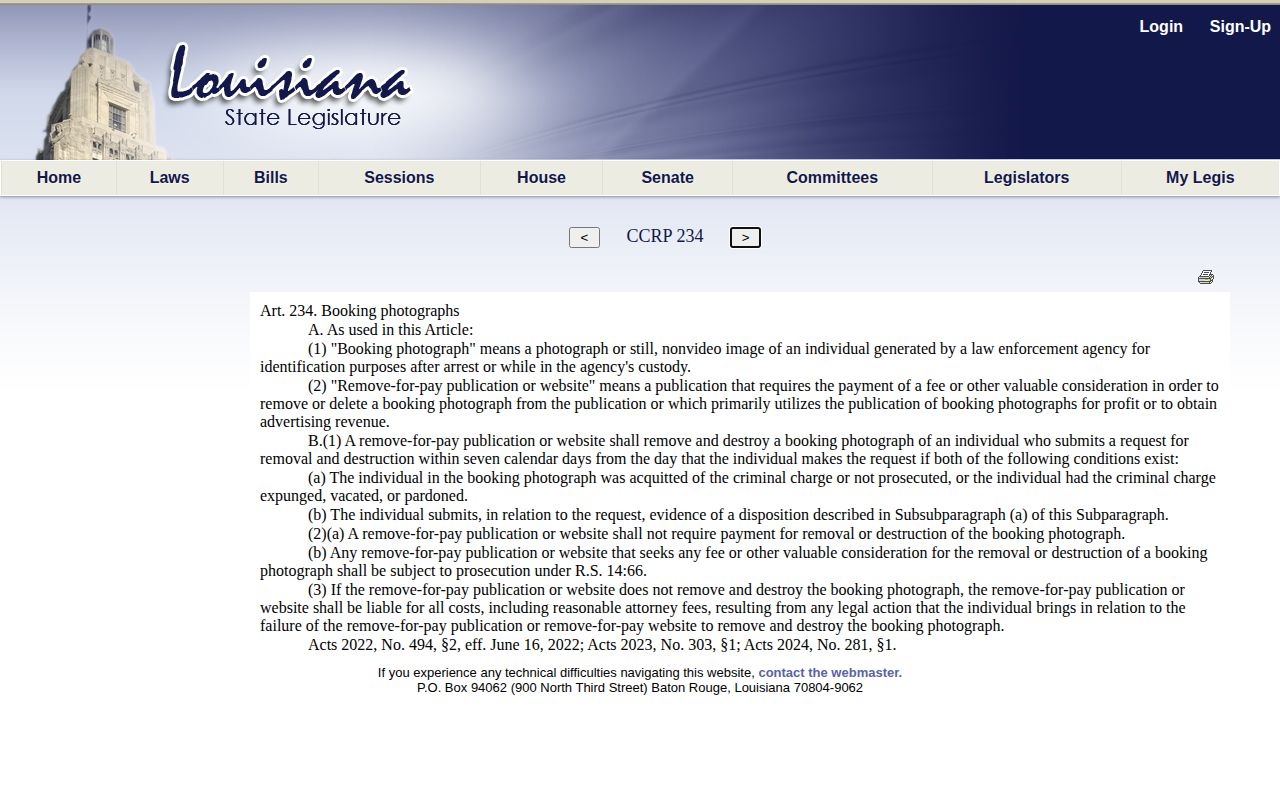 Louisiana Code of Criminal Procedure article 234 booking photograph law